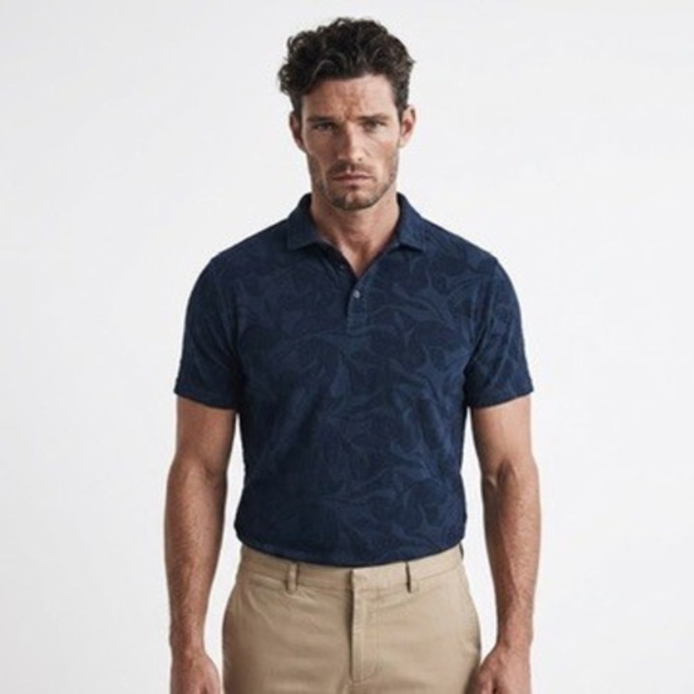 Rodd & Gunn Polo Shirt Mens Large Navy Blue Jacquard Leaf Textured Original Fit